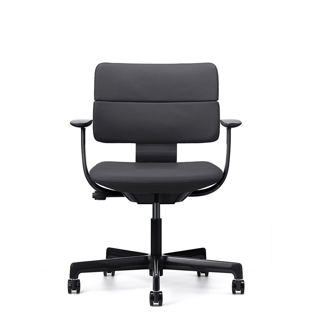 SHIGA シガ  背ダブル 固定肘 昇降脚 本革張り ナイロン双輪キャスター  [座背：ブラック/ベースカラー：グロスブラック]