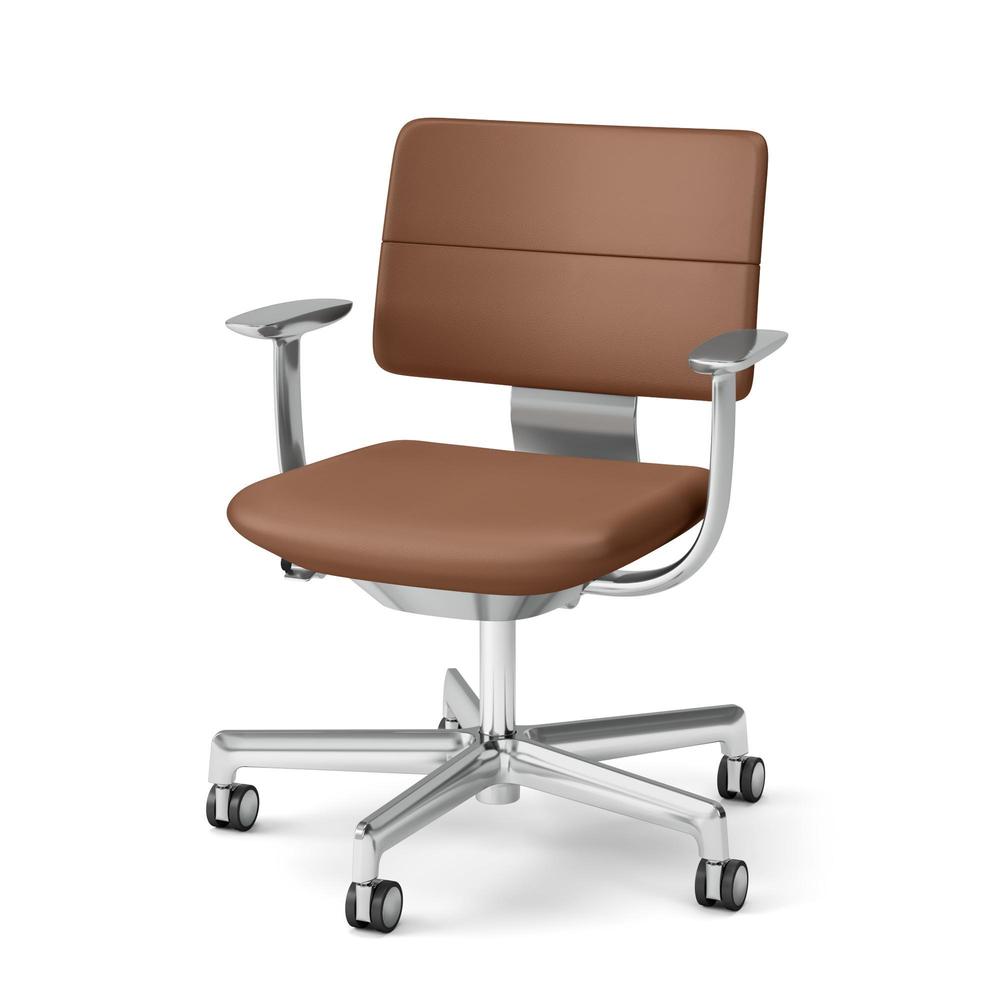 SHIGA シガ  背ダブル 固定肘 昇降脚 本革張り ナイロン双輪キャスター  [座背：キャメル/ベースカラー：アルミミラー]