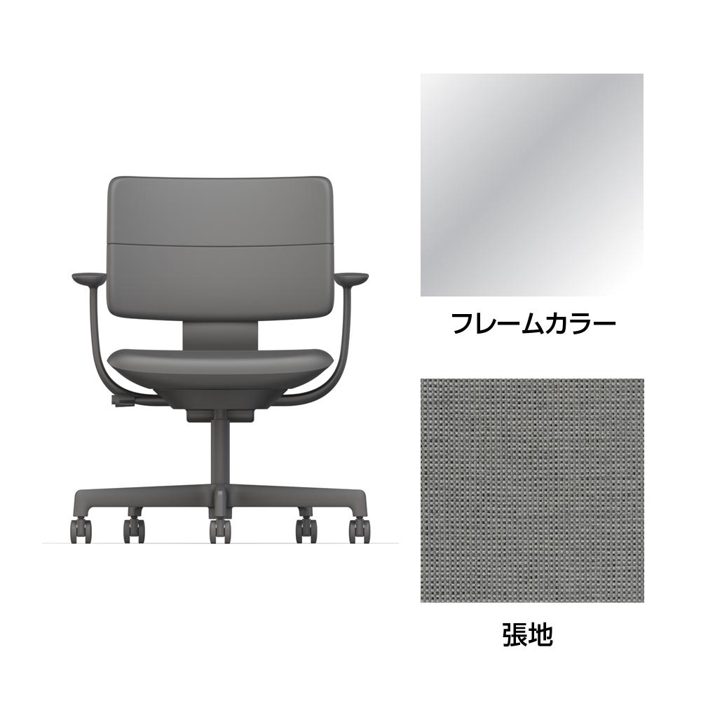 SHIGA シガ  背ダブル 固定肘 昇降脚 布地張り ナイロン双輪キャスター  [座背：グレーC/ベースカラー：アルミミラー]
