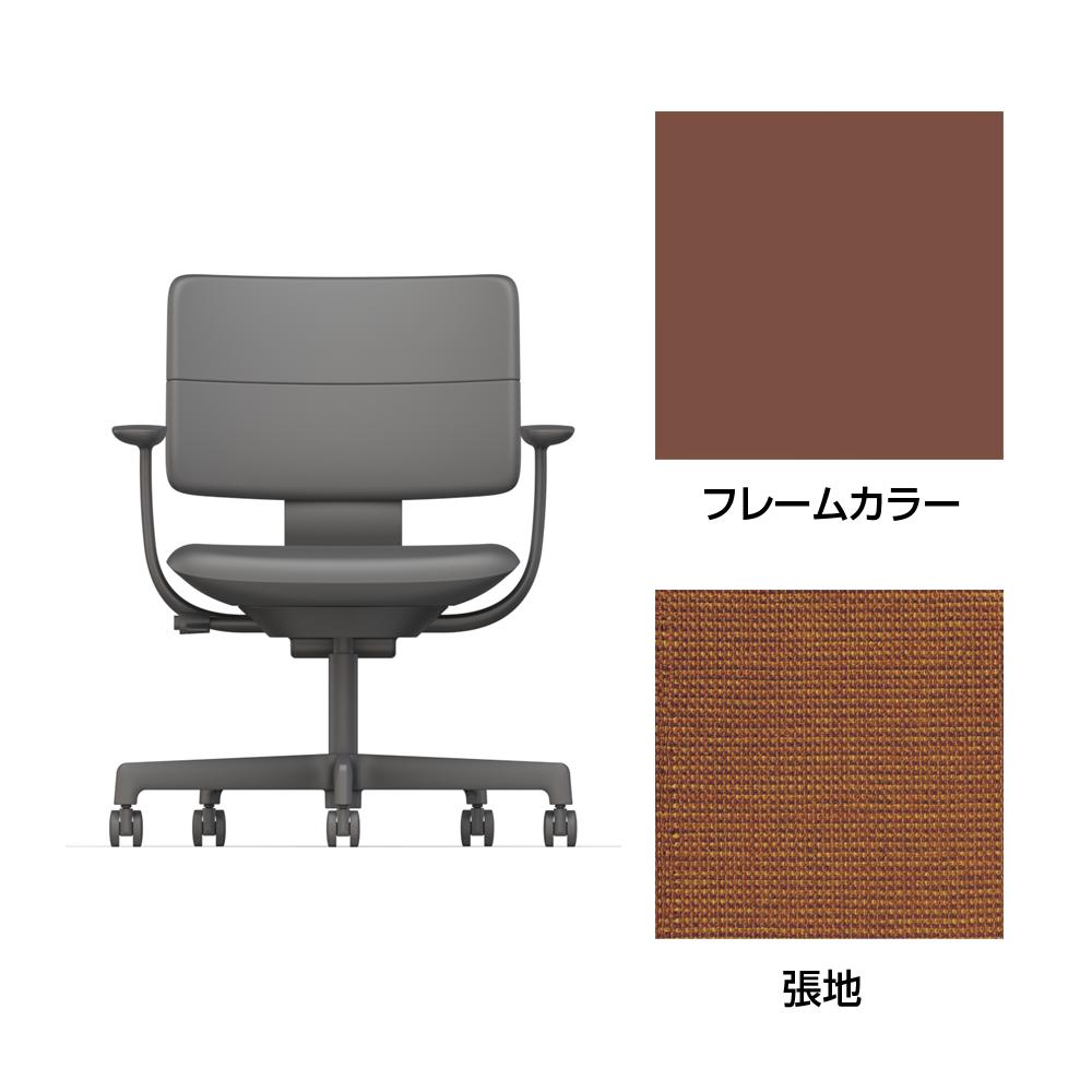 SHIGA シガ  背ダブル 固定肘 昇降脚 布地張り 抵抗付ウレタン双輪キャスター  [座背：アンバーオレンジ/ベースカラー：チェスナットブラウン]