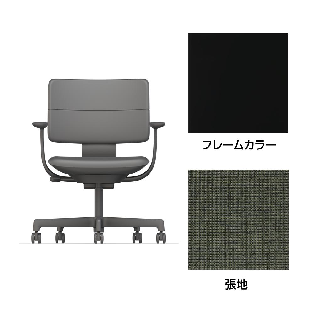 SHIGA シガ  背ダブル 固定肘 昇降脚 布地張り 抵抗付ウレタン双輪キャスター  [座背：アイビーグリーン/ベースカラー：ブラック]