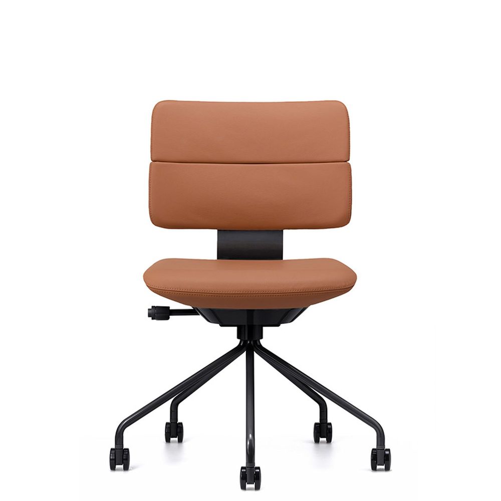 SHIGA シガ  背ダブル 肘ナシ パイプ脚 本革張り ナイロン双輪キャスター  [座背：キャメル/ベースカラー：グロスブラック]