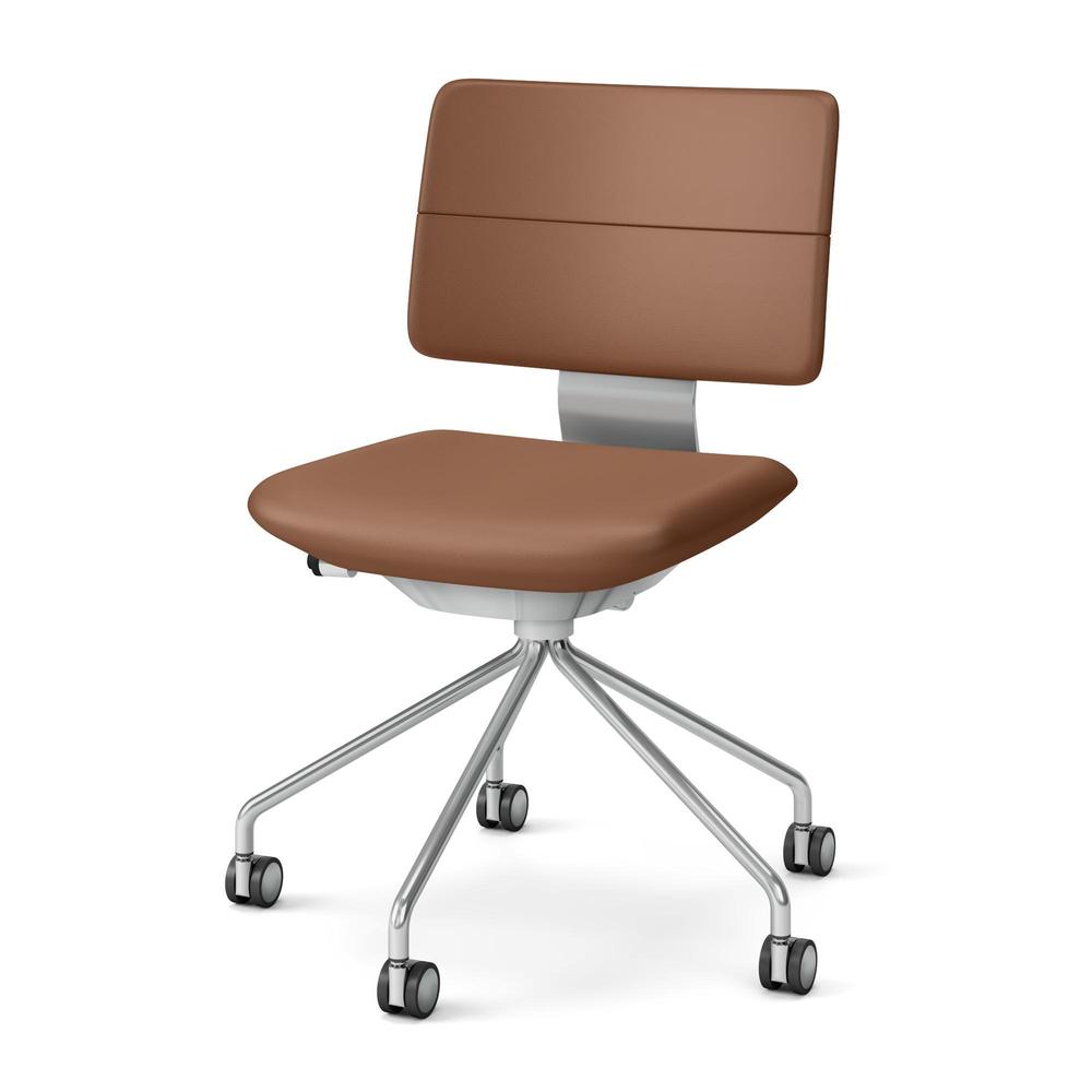 SHIGA シガ  背ダブル 肘なし パイプ脚 本革張り ナイロン双輪キャスター  [座背：キャメル / フレームカラー：アルミミラー]