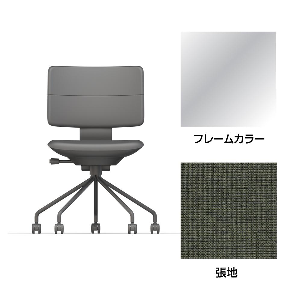 SHIGA シガ  背ダブル 肘なし パイプ脚 布地張り ナイロン双輪キャスター  [座背：アイビーグリーン/ベースカラー：アルミミラー]