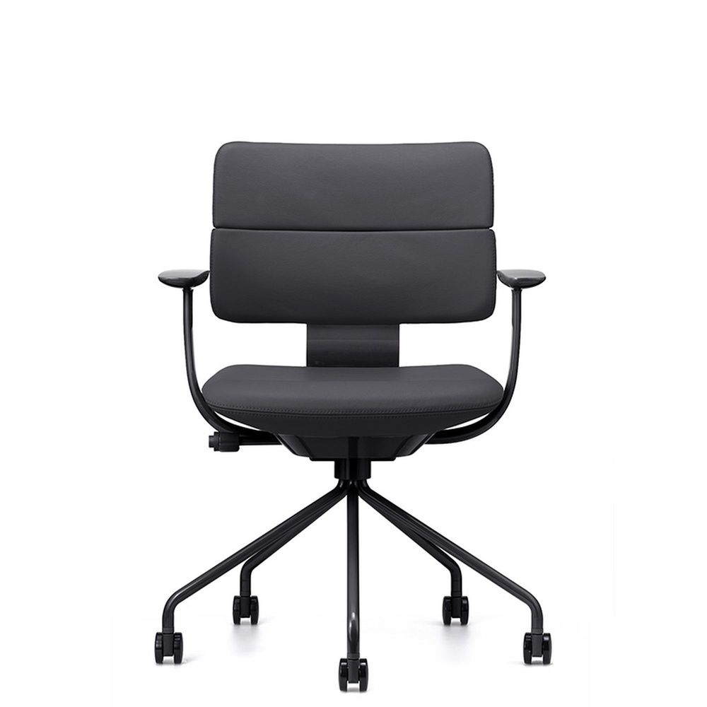 SHIGA シガ  背ダブル 固定肘 パイプ脚 本革張り ナイロン双輪キャスター  [座背：ブラック/ベースカラー：グロスブラック]