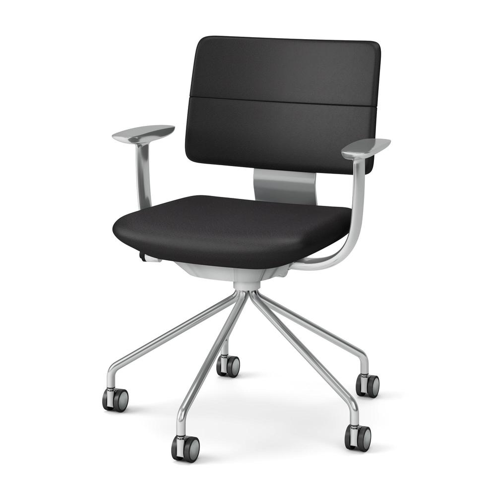 SHIGA シガ  背ダブル 固定肘 パイプ脚 本革張り ナイロン双輪キャスター  [座背：ブラック / フレームカラー：アルミミラー]