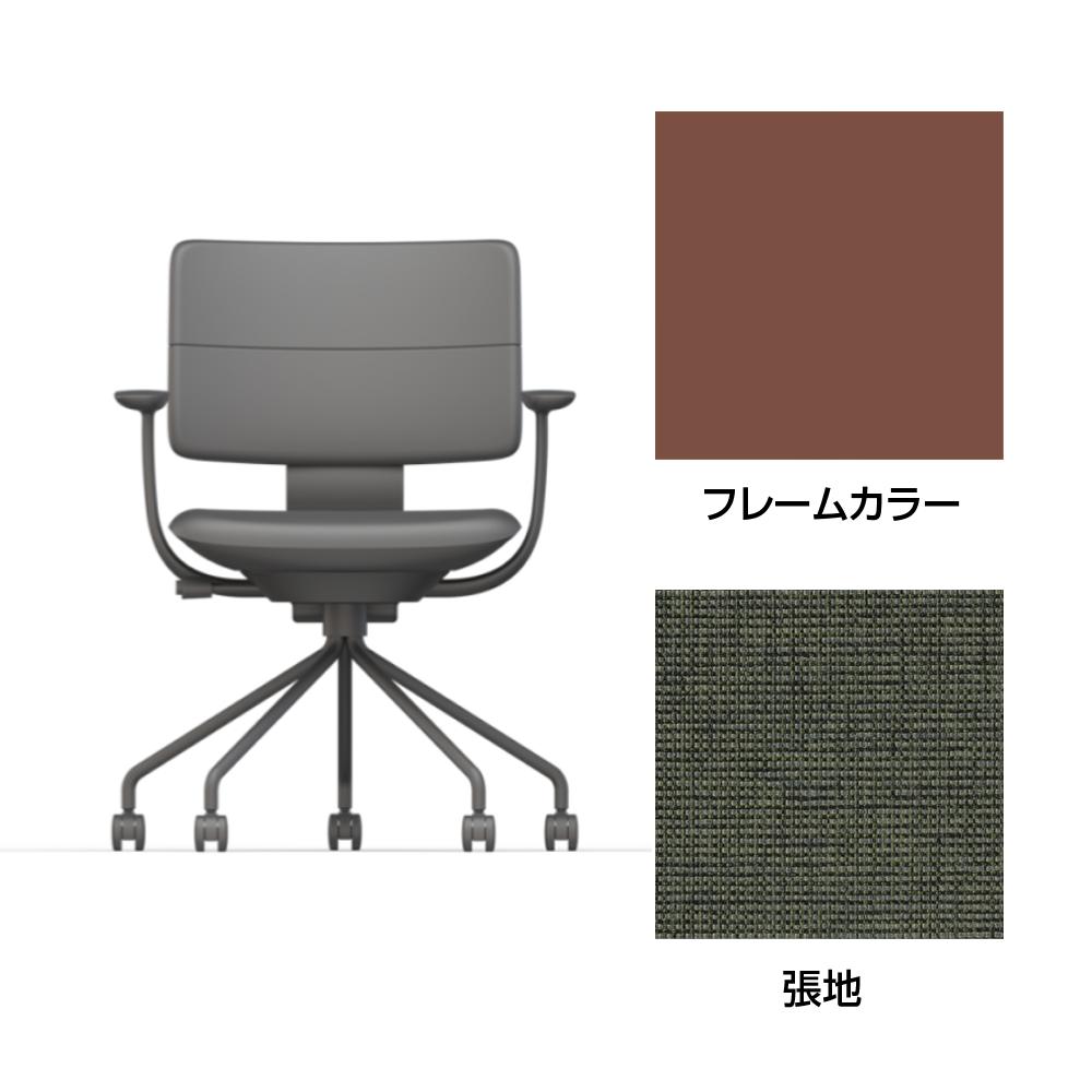 SHIGA シガ  背ダブル 固定肘 パイプ脚 布地張り ナイロン双輪キャスター  [座背：アイビーグリーン/ベースカラー：チェスナットブラウン]