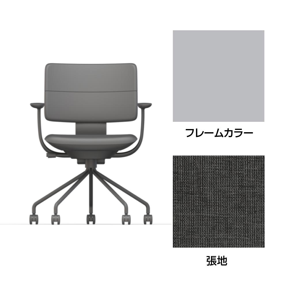 SHIGA シガ  背ダブル 固定肘 パイプ脚 布地張り ナイロン双輪キャスター  [座背：オフブラックW / フレームカラー：ペールオリーブ]