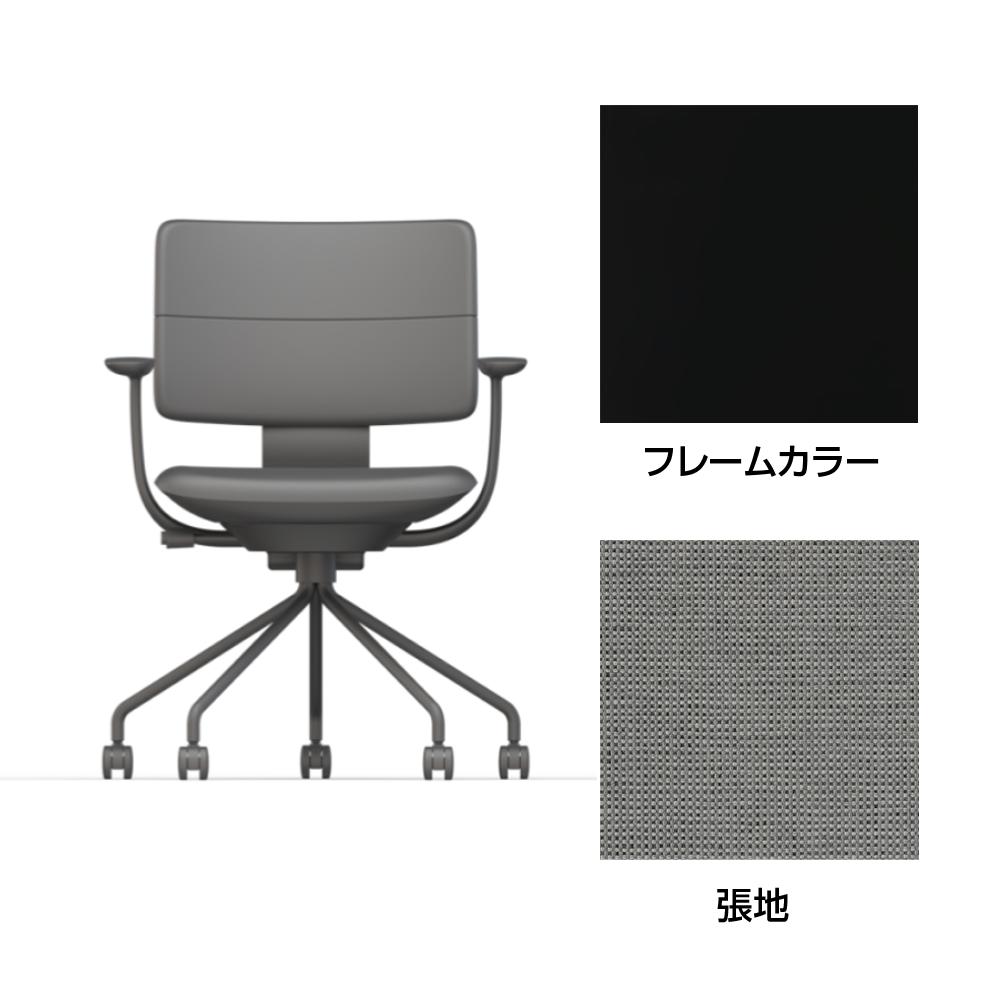 SHIGA シガ  背ダブル 固定肘 パイプ脚 布地張り ナイロン双輪キャスター  [座背：グレーC / フレームカラー：ブラック]