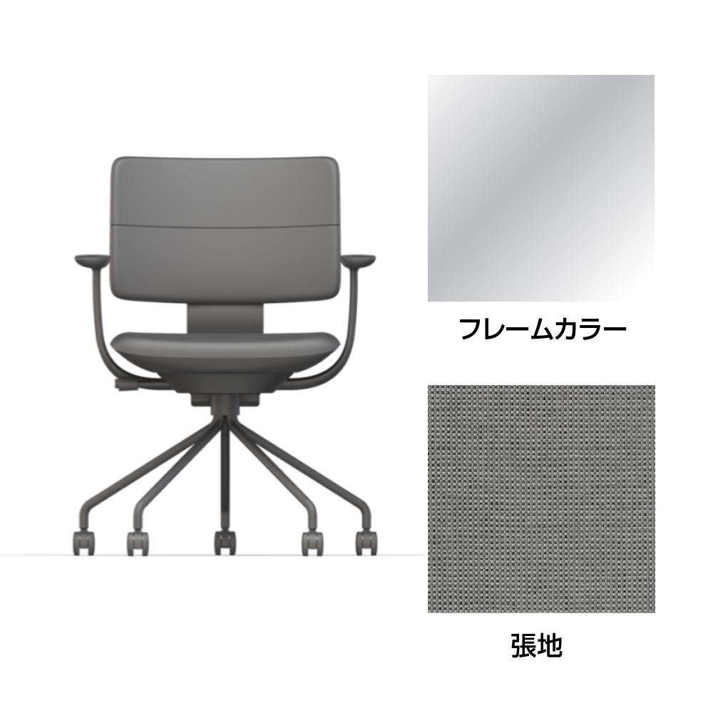 SHIGA シガ  背ダブル 固定肘 パイプ脚 布地張り ナイロン双輪キャスター  [座背：グレーC/ベースカラー：アルミミラー]