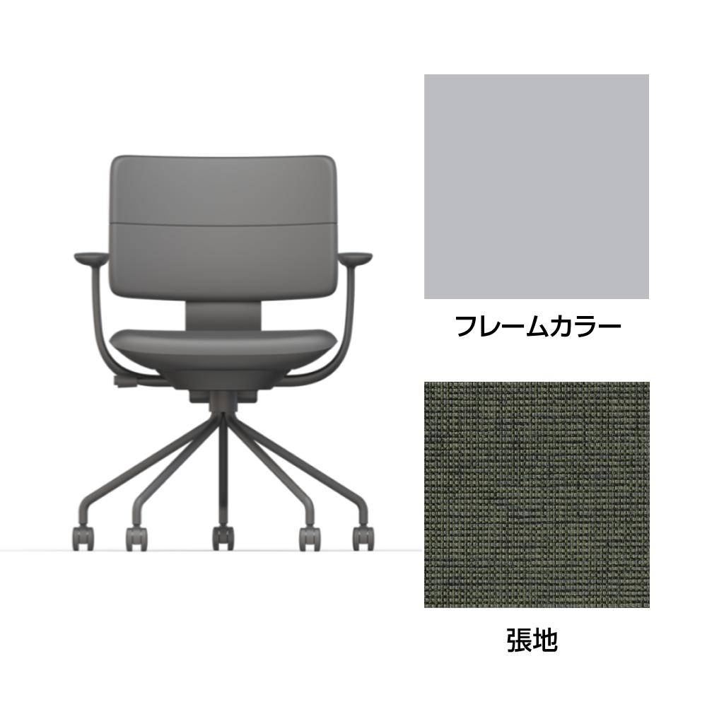 SHIGA シガ  背ダブル 固定肘 パイプ脚 布地張り 抵抗付ウレタン双輪キャスター  [座背：アイビーグリーン / フレームカラー：ペールオリーブ]