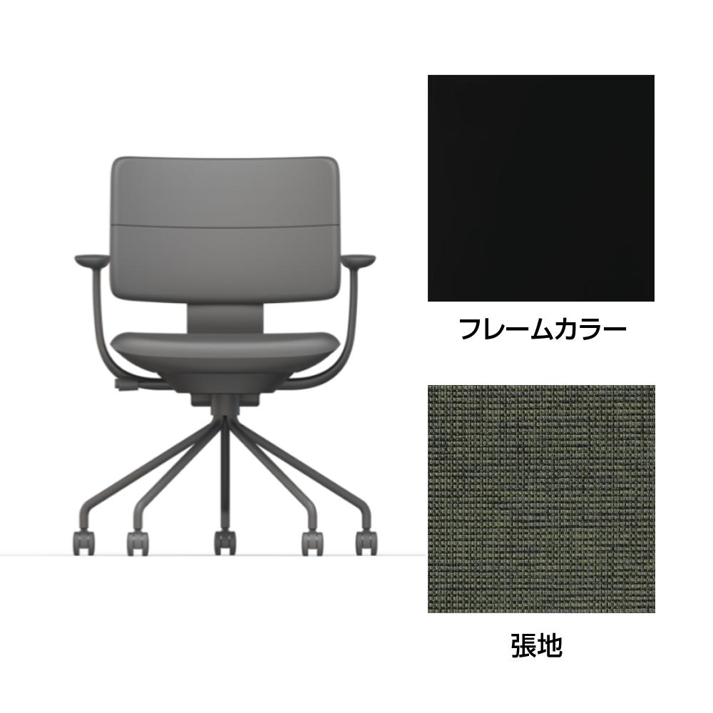 SHIGA シガ  背ダブル 固定肘 パイプ脚 布地張り 抵抗付ウレタン双輪キャスター  [座背：アイビーグリーン / フレームカラー：ブラック]