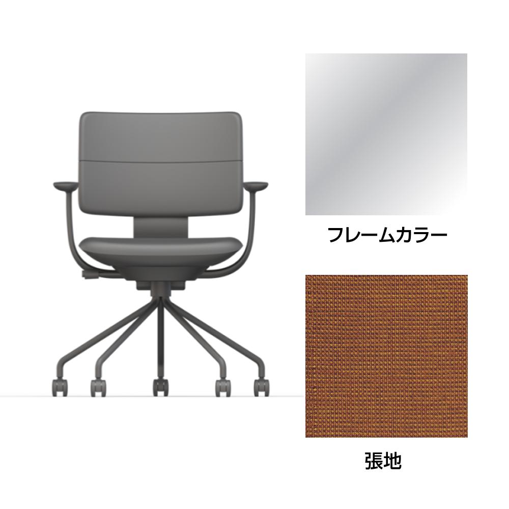 SHIGA シガ  背ダブル 固定肘 パイプ脚 布地張り 抵抗付ウレタン双輪キャスター  [座背：アンバーオレンジ/ベースカラー：アルミミラー]