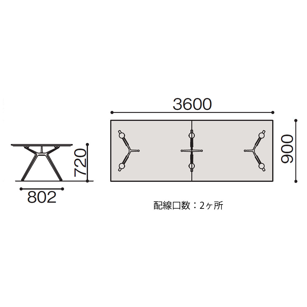 DZテーブル　DDZ-329HWTN1ATH　角型 平エッジ 配線カバー仕様 塗装脚　W3200×D900×H720 ［脚：T/サテンブラック×天板：H/アッシュドパインL］