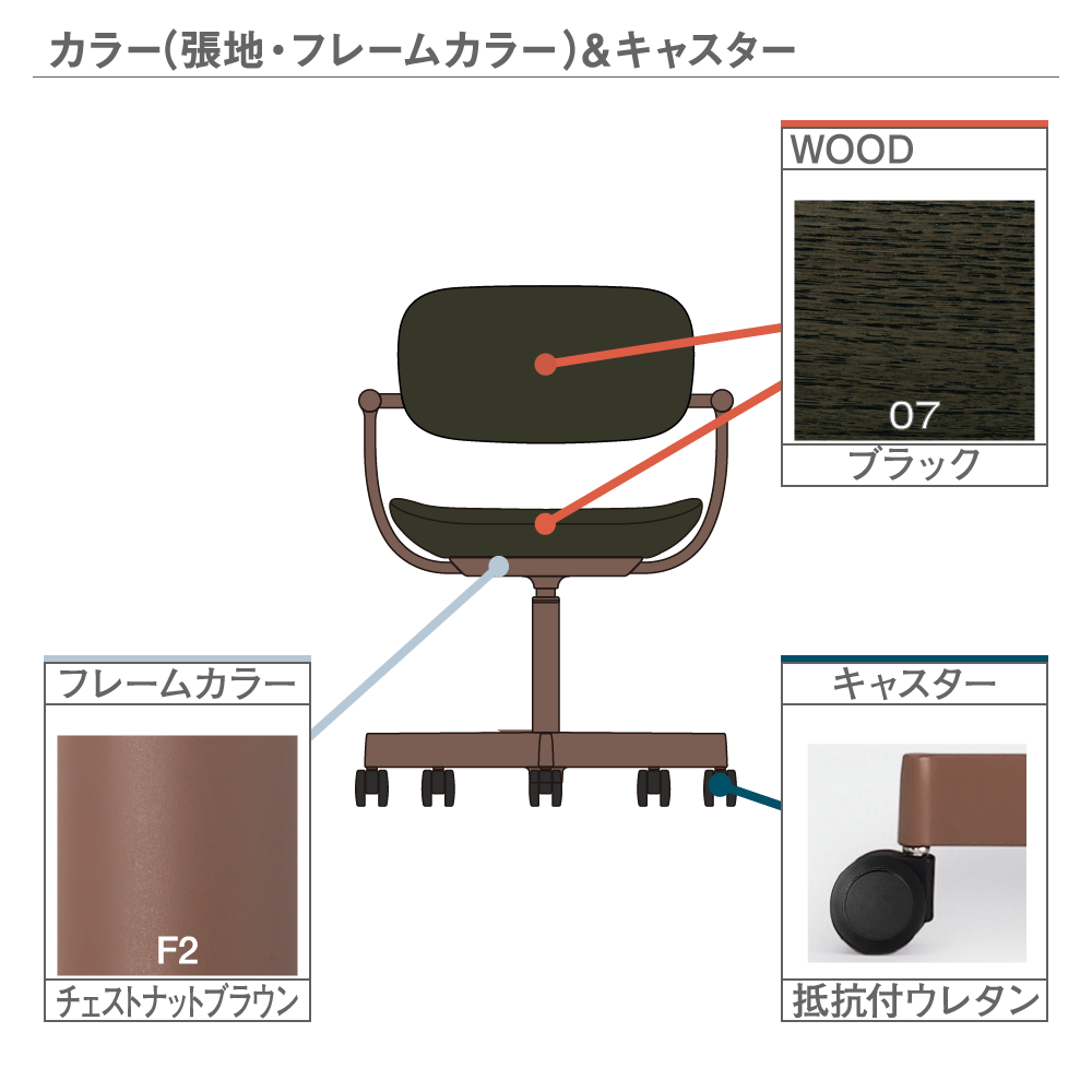 バーテブラ03WOOD （ vertebra03WOOD ） 5本脚 KG805M1-F207 本体  :  ブラウン 抵抗付ウレタン双輪キャスター ［ 背座WOOD  :  ブラック ]
